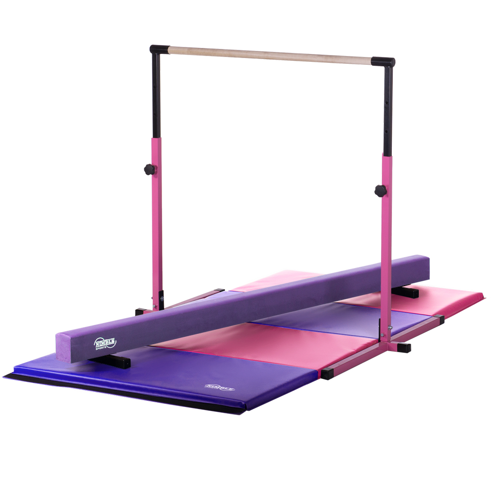 Nimble Sports Purple Suede Adjustable Height Balance Beam with Pink and Purple Gymnastics Mat 